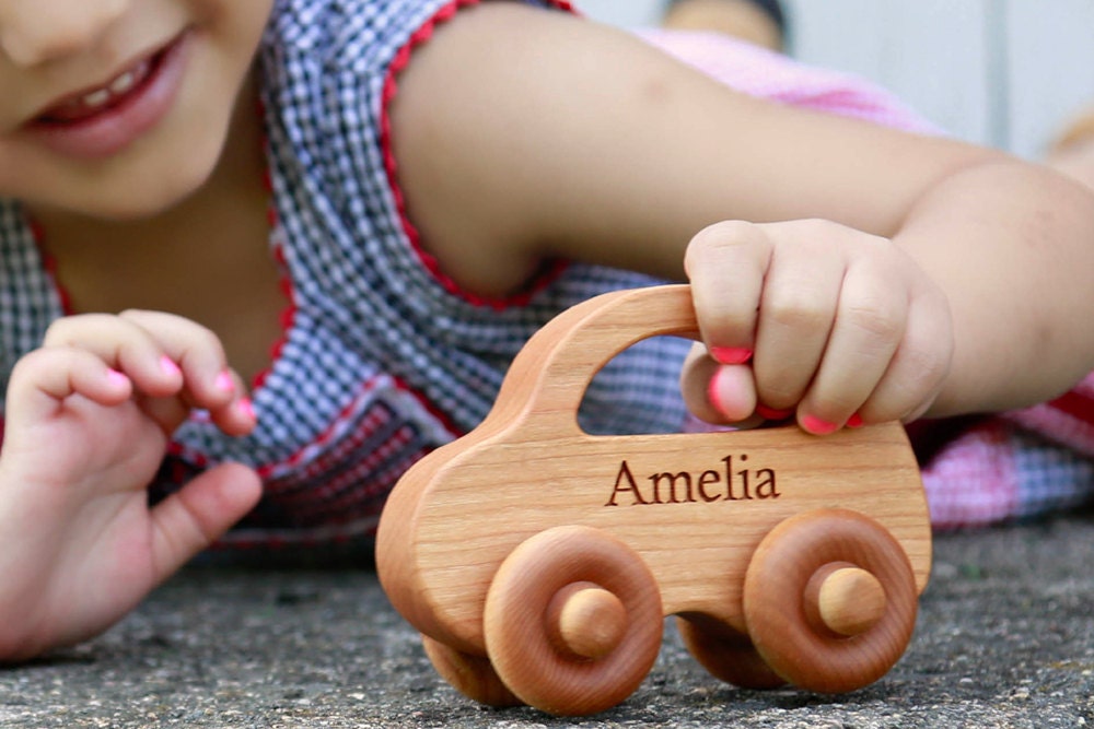 Love Bug Wood Toy Car - Personalized, Natural wood toy, Handmade, Sustainable hardwoods, Waldorf baby and toddler gift, Lifetime Guarantee