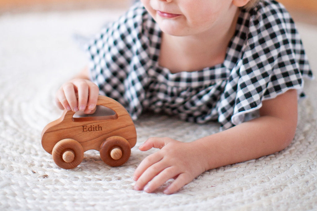 Love Bug Wood Toy Car - Personalized, Natural wood toy, Handmade, Sustainable hardwoods, Waldorf baby and toddler gift, Lifetime Guarantee
