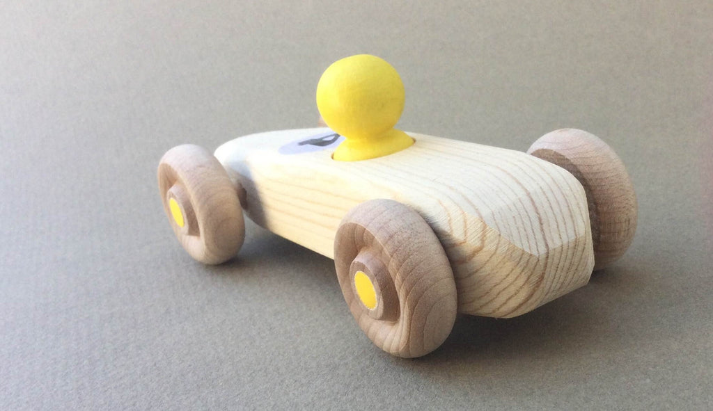 Yellow RAINBOW RACER, #4.  Wooden toy race car.
