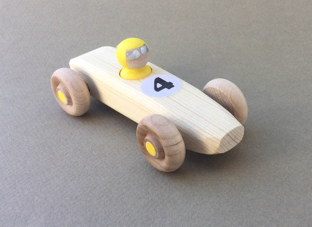 Yellow RAINBOW RACER, #4.  Wooden toy race car.