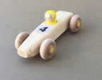 Yellow RAINBOW RACER, #4.  Wooden toy race car.