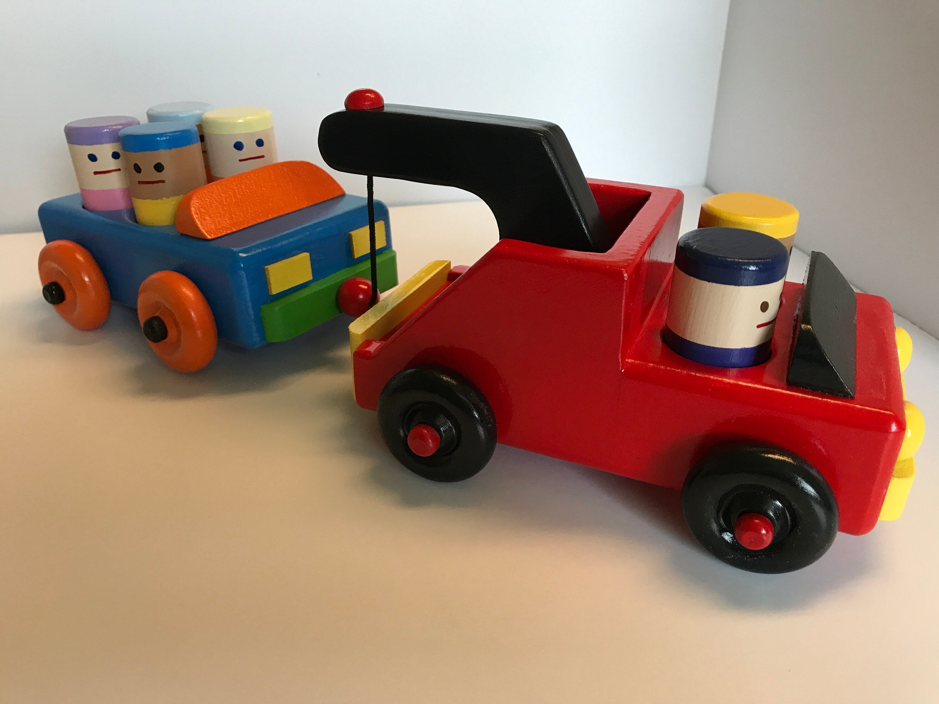 Wooden Toy Tow Truck with a Car including 6 wooden people. Wooden Toy Truck/Car Set. Toddler Wooden Toy Car/Truck Set