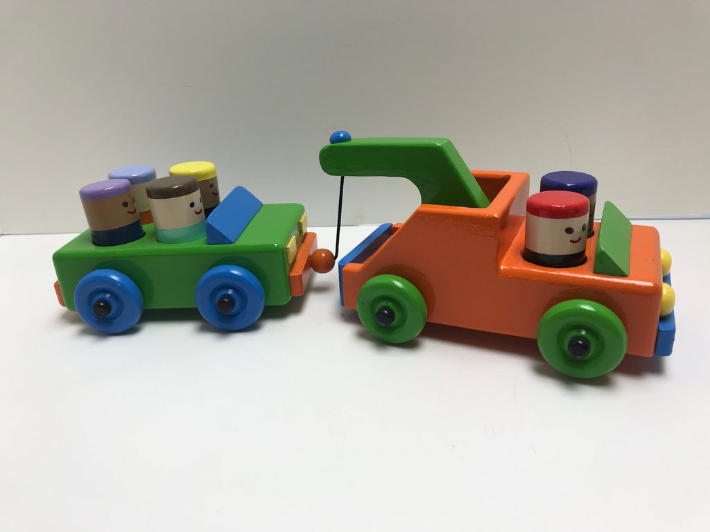 Wooden Toy Tow Truck with a Car including 6 wooden people. Wooden Toy Truck/Car Set. Toddler Wooden Toy Car/Truck Set