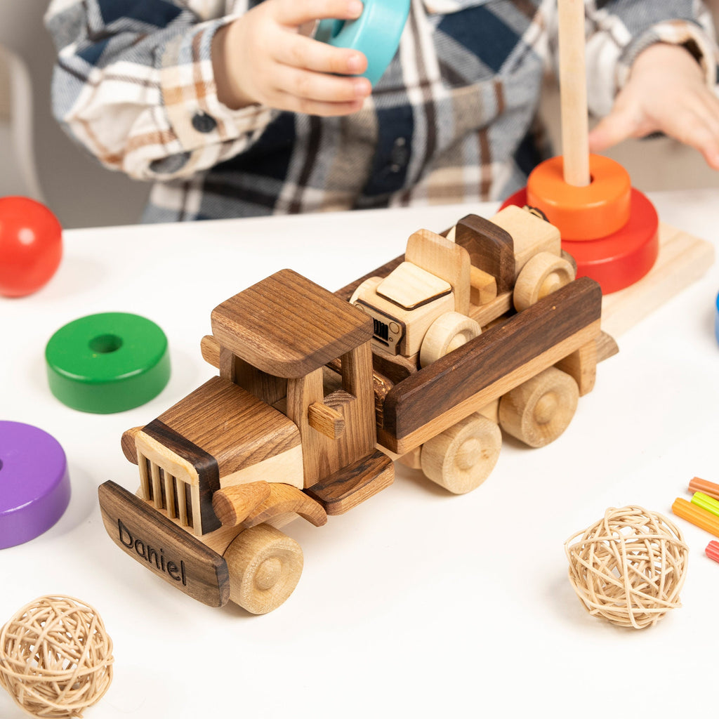 Tow Truck Toy With Car, Gift for Toddlers, Personalized with Name Engraving / HANDMADE