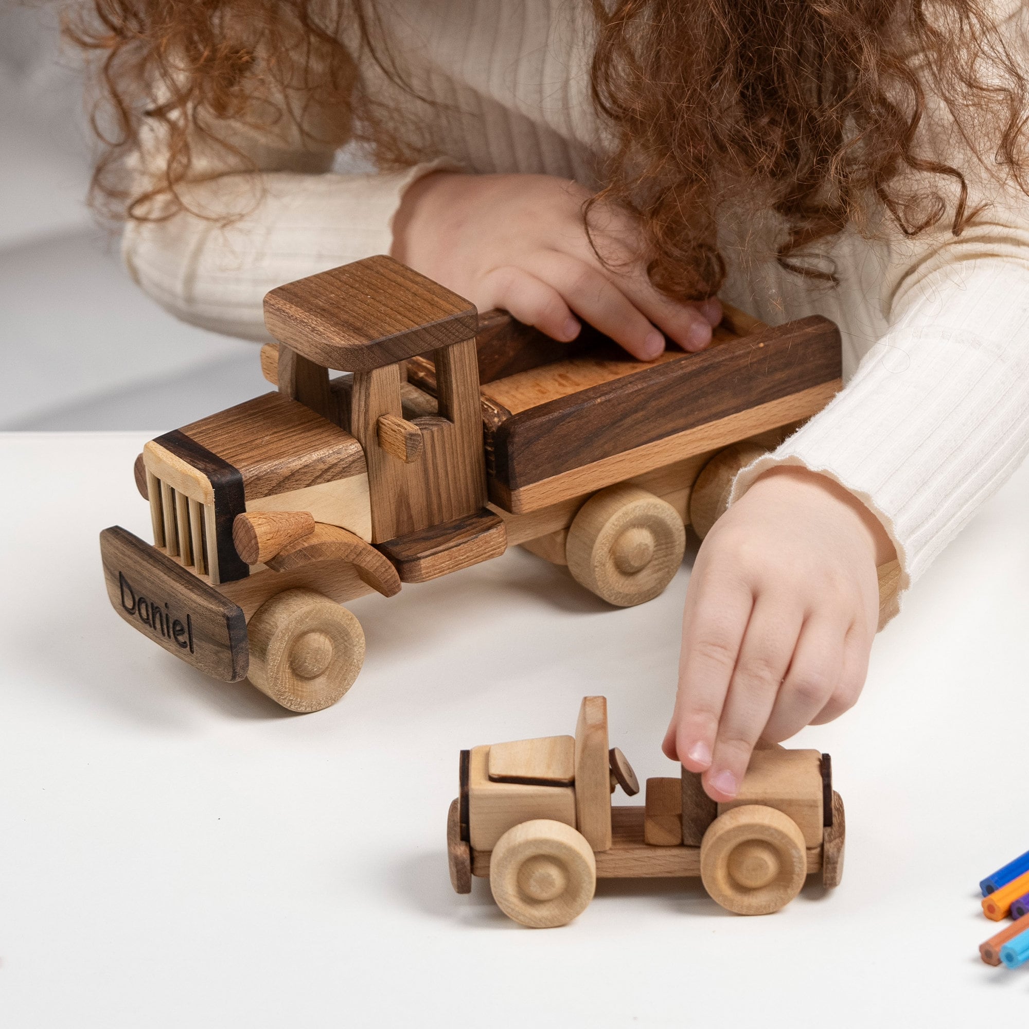 Tow Truck Toy With Car, Gift for Toddlers, Personalized with Name Engraving / HANDMADE