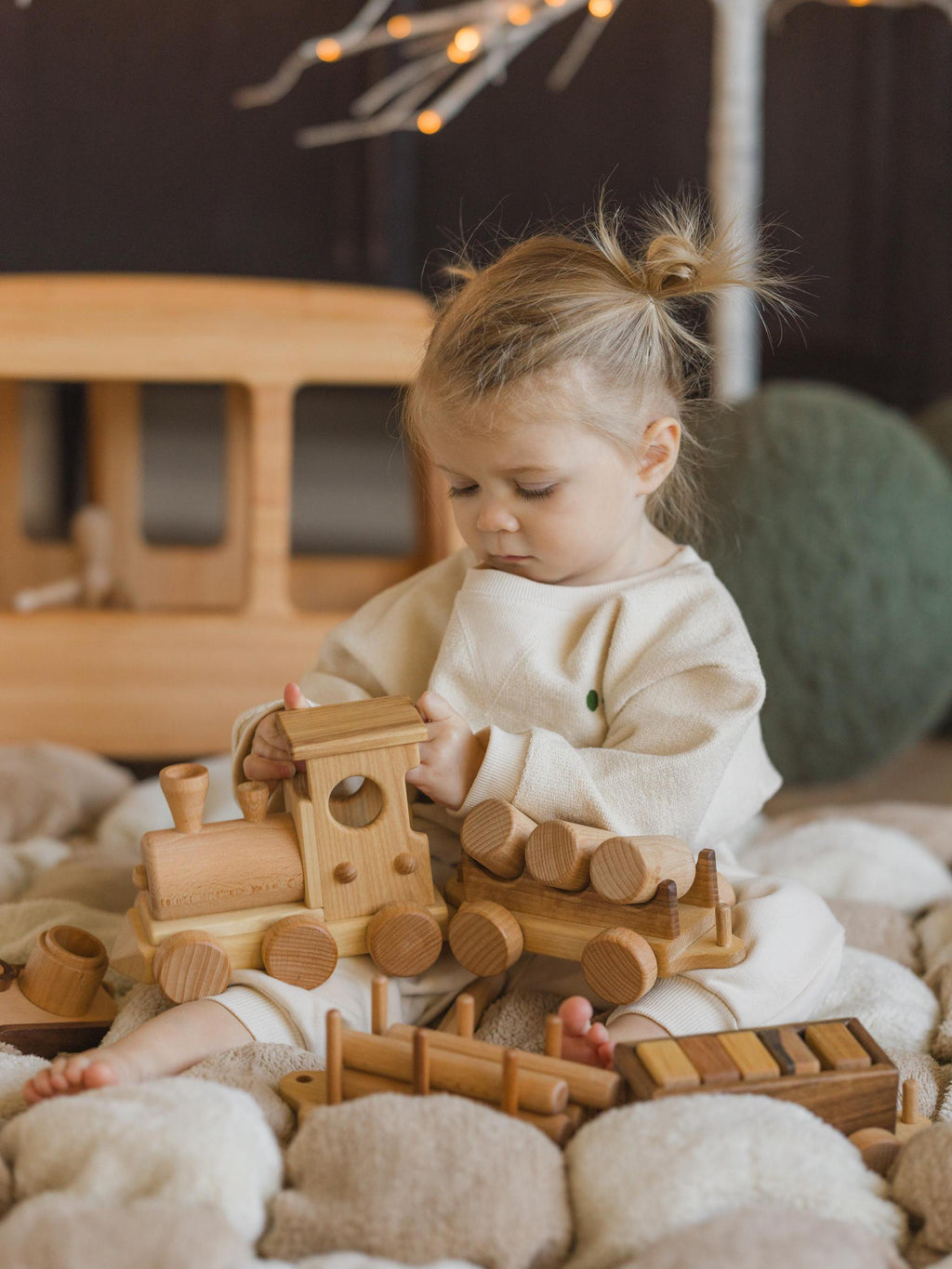 Wooden Train on wheels with carriages, Fathers day gift Locomotive Toys for Toddler Boys birthday gift