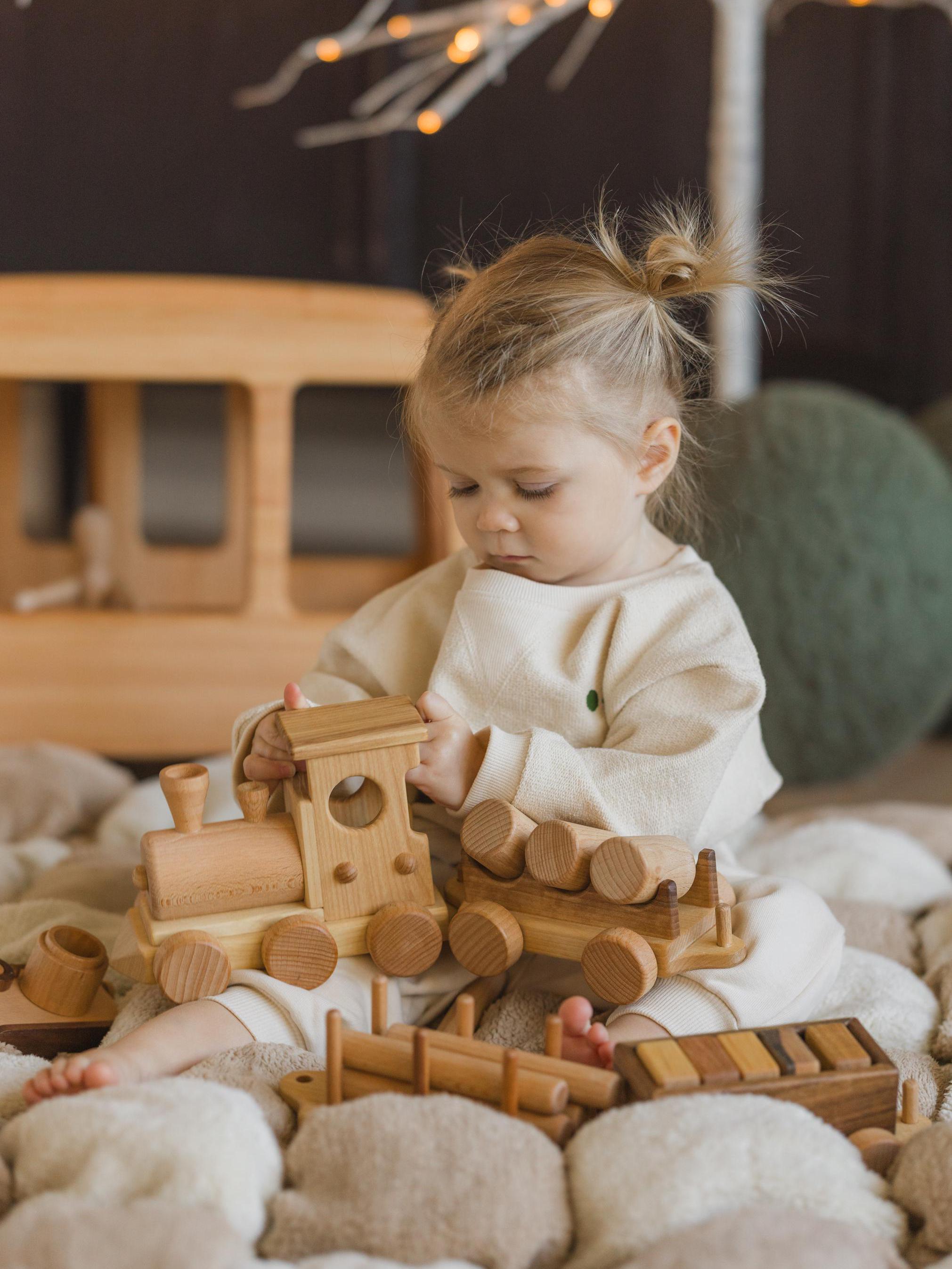 Wooden Train on wheels with carriages, Fathers day gift Locomotive Toys for Toddler Boys birthday gift